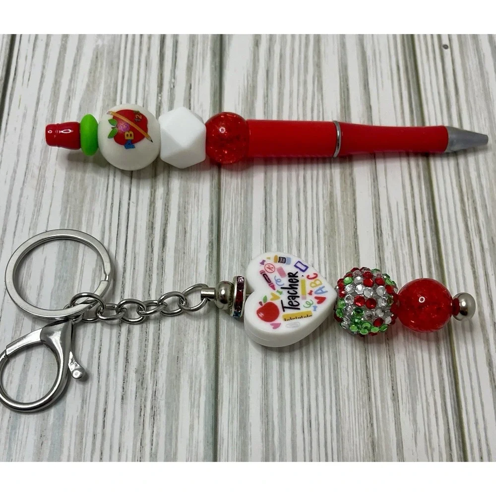 Handmade School Teacher Beaded Pen And Keychain Set